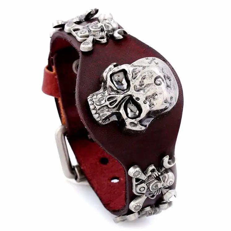 Gothic Punk Vintage Antique Skull Rivets Wide Leather Bracelet Alloy Skeleton Charm Fashion Wristband Belt Bangle Hi